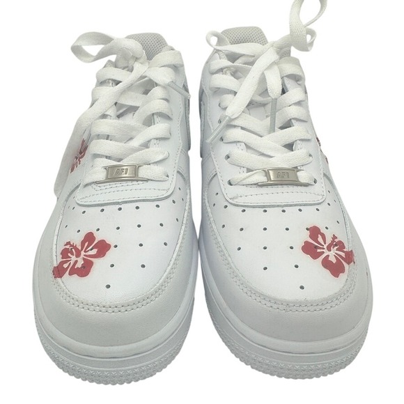 Custom Nike Air Force 1 White Stitch Hibiscus Sneakers Women's 8 - Picture 5 of 16